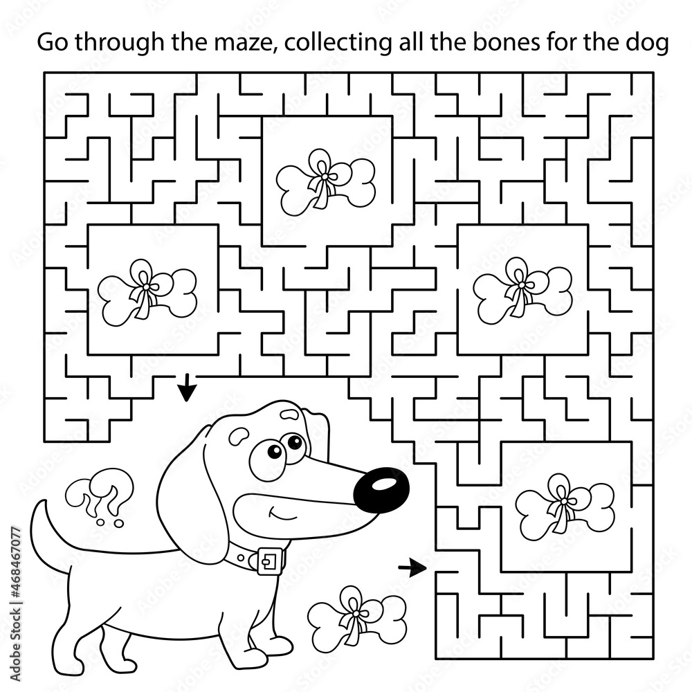 Vektorovã grafika âmaze or labyrinth game puzzle coloring page outline of cartoon little dog with bone dachshund puppy coloring book for kidsâ ze sluåby
