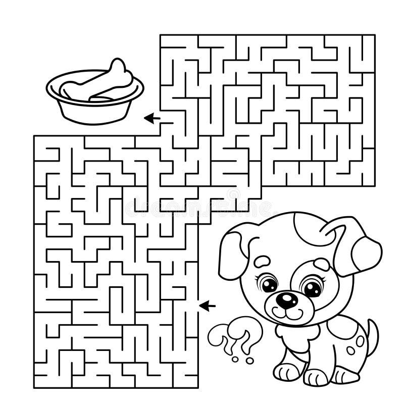 Maze or labyrinth game puzzle coloring page outline of cartoon little dog with bone puppy stock vector