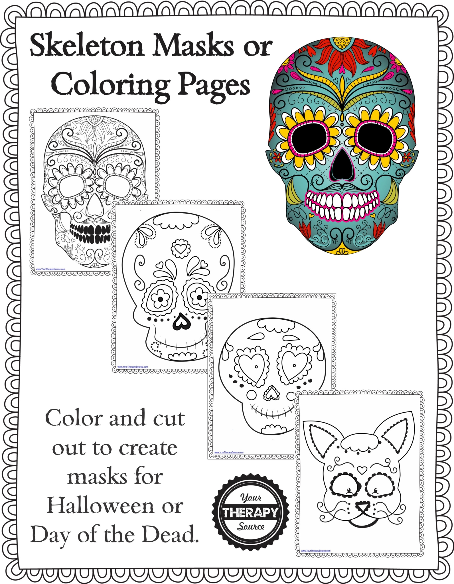 Skeleton masks and coloring pages freebie