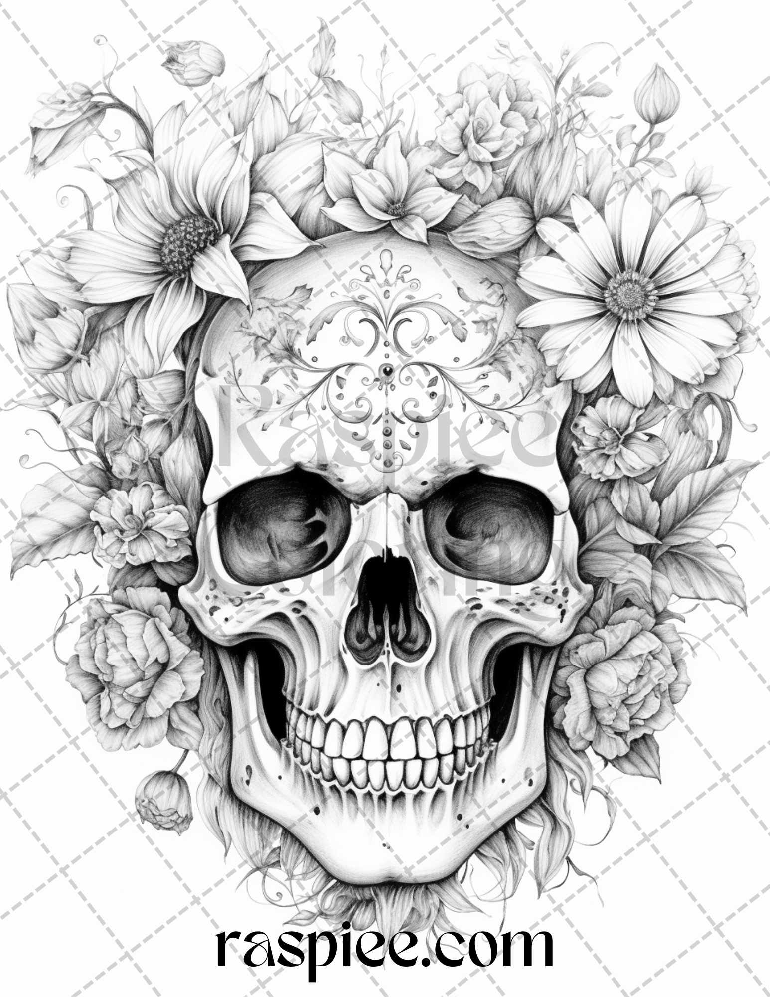 Floral skull grayscale coloring pages for adults stress relief col â coloring