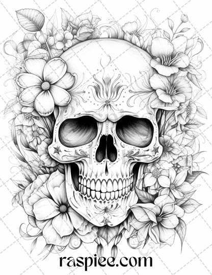 Floral skull grayscale coloring pages for adults stress relief col â coloring