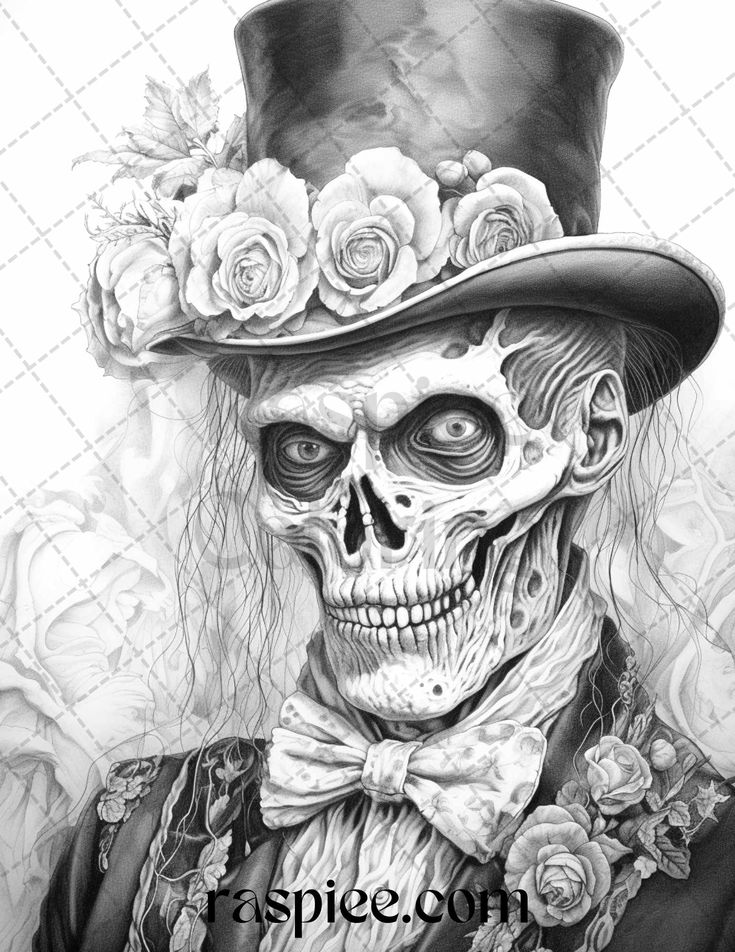 Halloween victorian era grayscale coloring pages printable for adul grayscale coloring gothic art victorian animal skull drawing