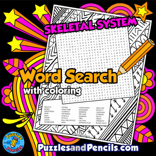 Skeletal system word search puzzle with coloring human body systems wordsearch made by teachers