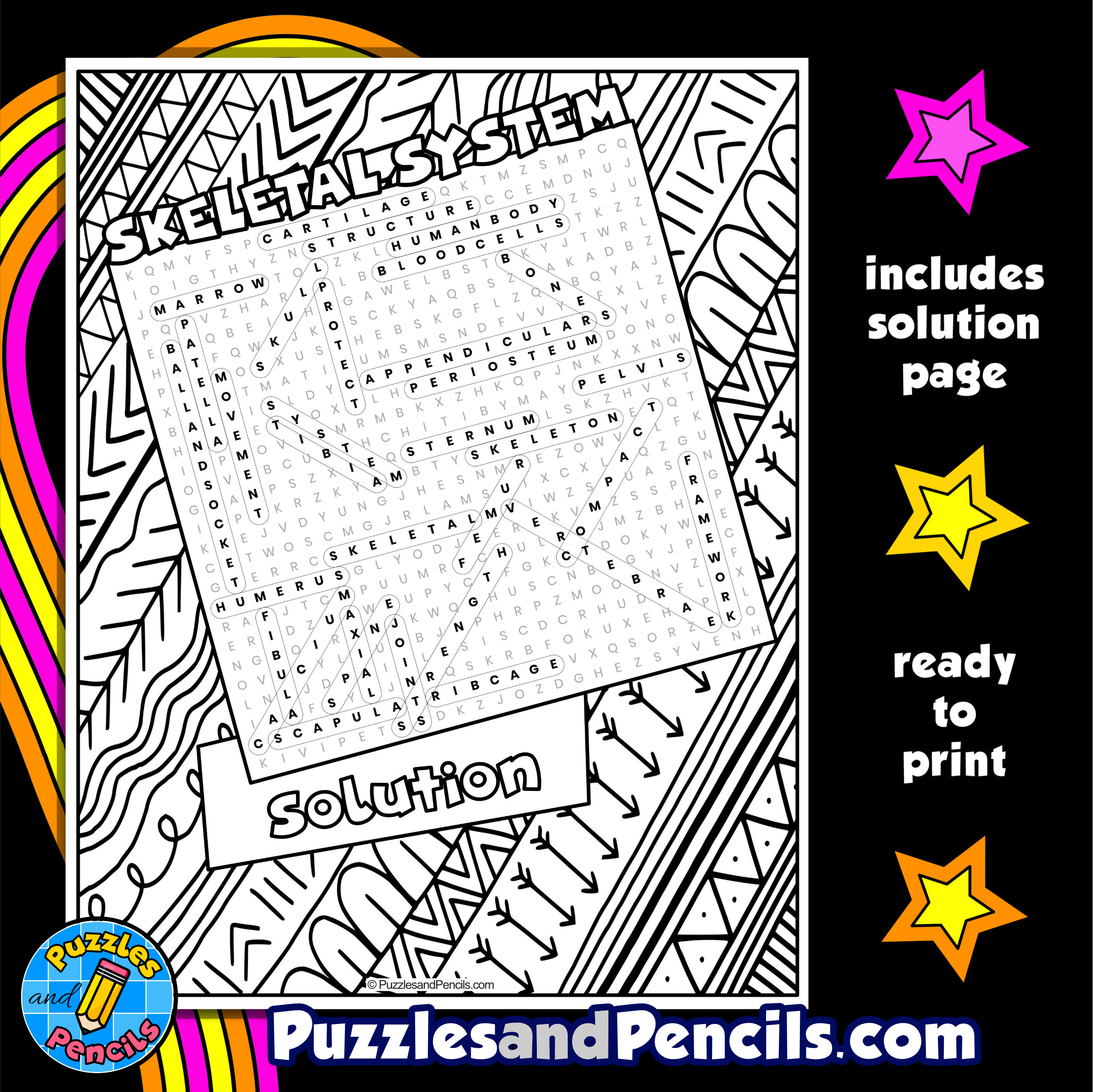 Skeletal system word search puzzle with coloring human body systems wordsearch made by teachers