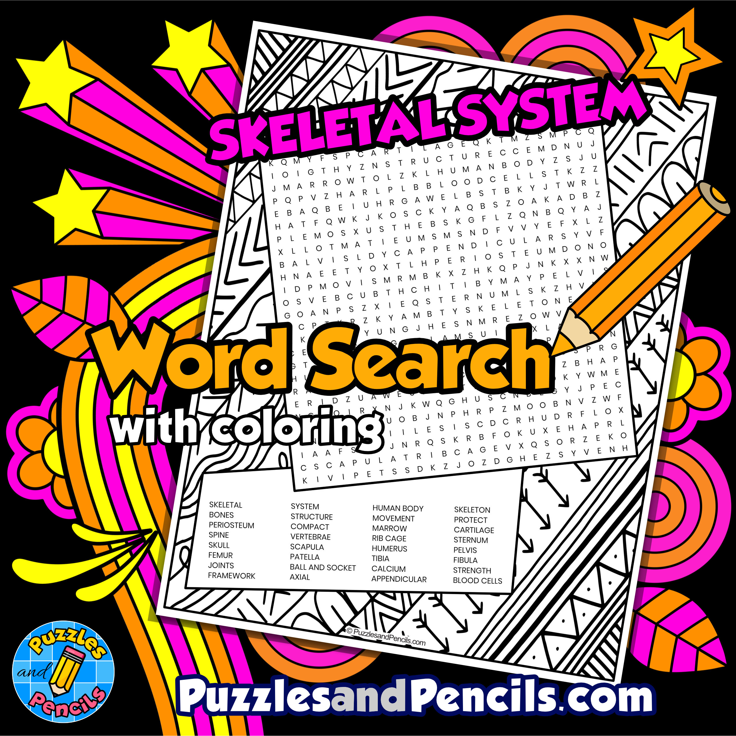 Skeletal system word search puzzle with coloring human body systems wordsearch made by teachers