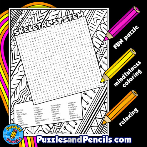 Skeletal system word search puzzle with coloring human body systems wordsearch made by teachers