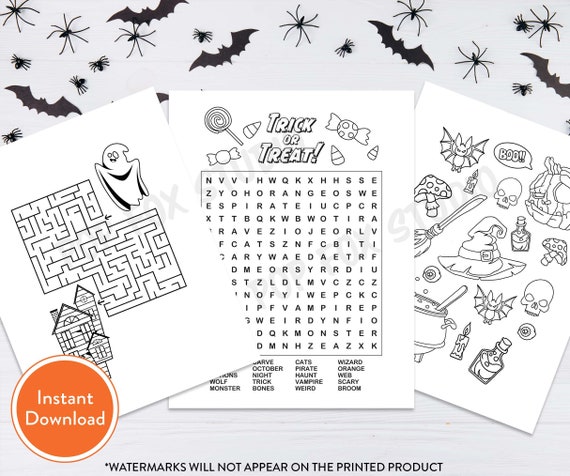 Halloween kids activity bundle printable digital download word search maze and coloring page teacher coloring page