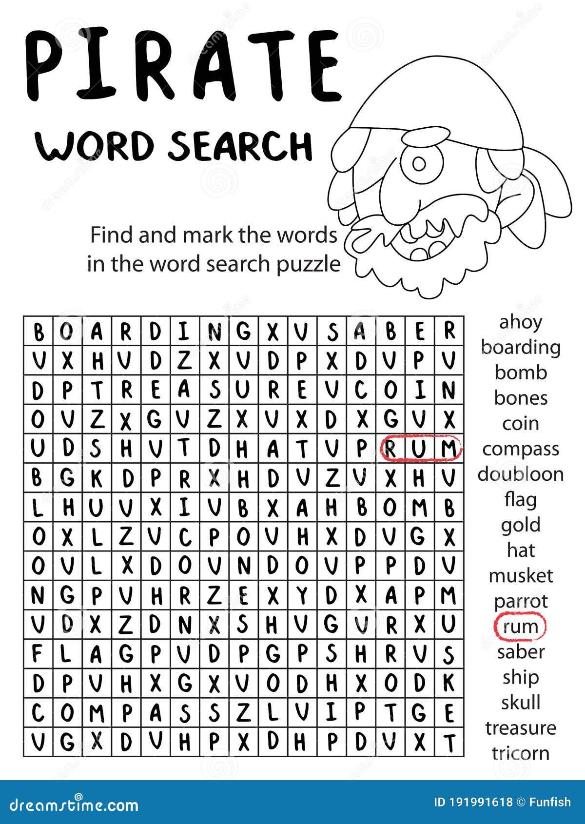 Pirate word search puzzle with little coloring page children worksheet stock vector