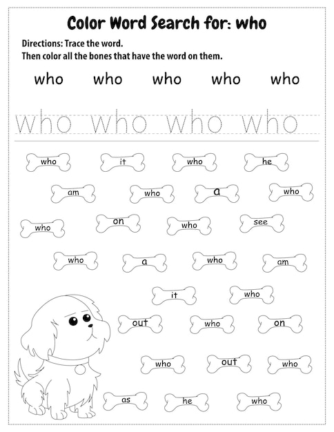 Premium vector sight words search educational worksheet for preschool and primary school learning coloring pages