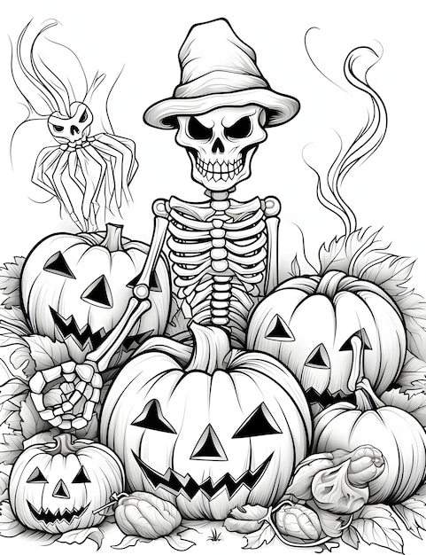 Premium vector skeletor and jackolantern pumpkins halloween black and white picture coloring book