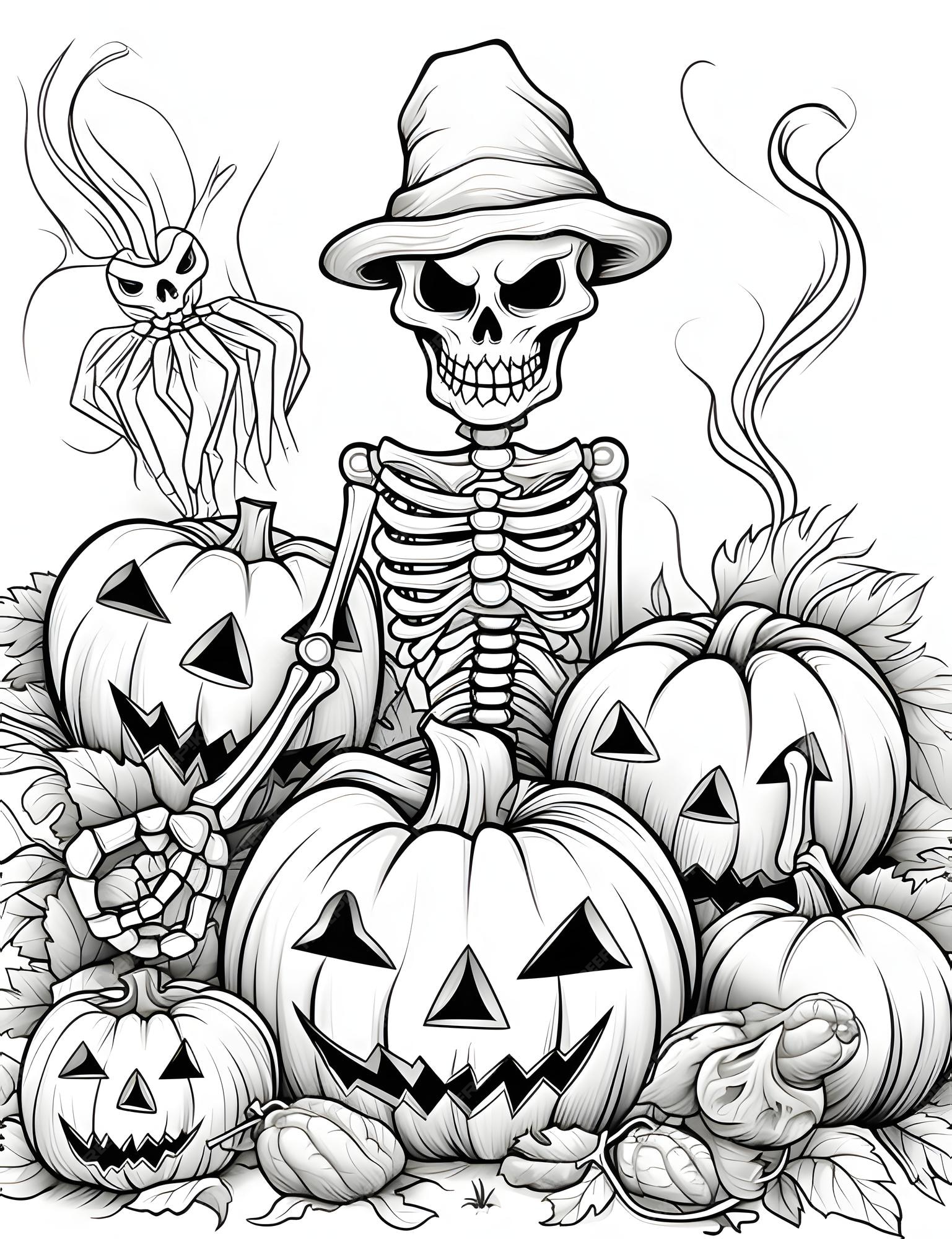 Premium vector skeletor and jackolantern pumpkins halloween black and white picture coloring book