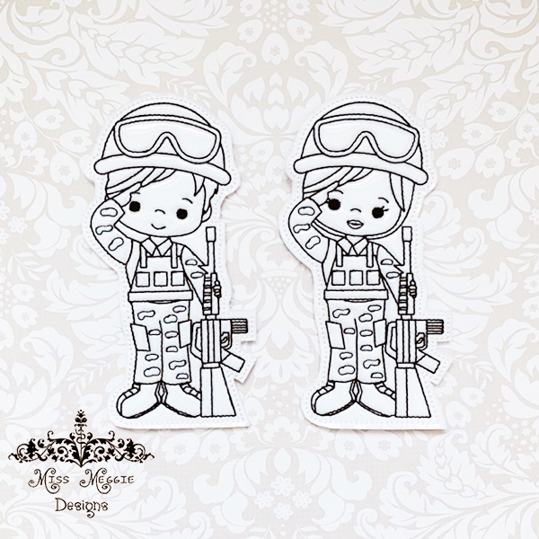 Coloring flat set soldier guy girl ith embroidery design file miss meggie designs