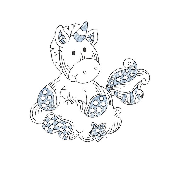Baby patchwork unicorn sketch embroidery machine design file sizes line work color work