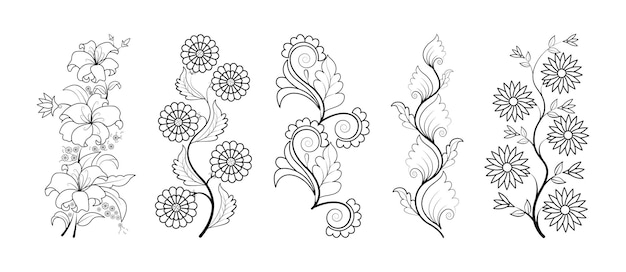 Premium vector set of floral line art hand drawn simple flower coloring pages for kids and adult