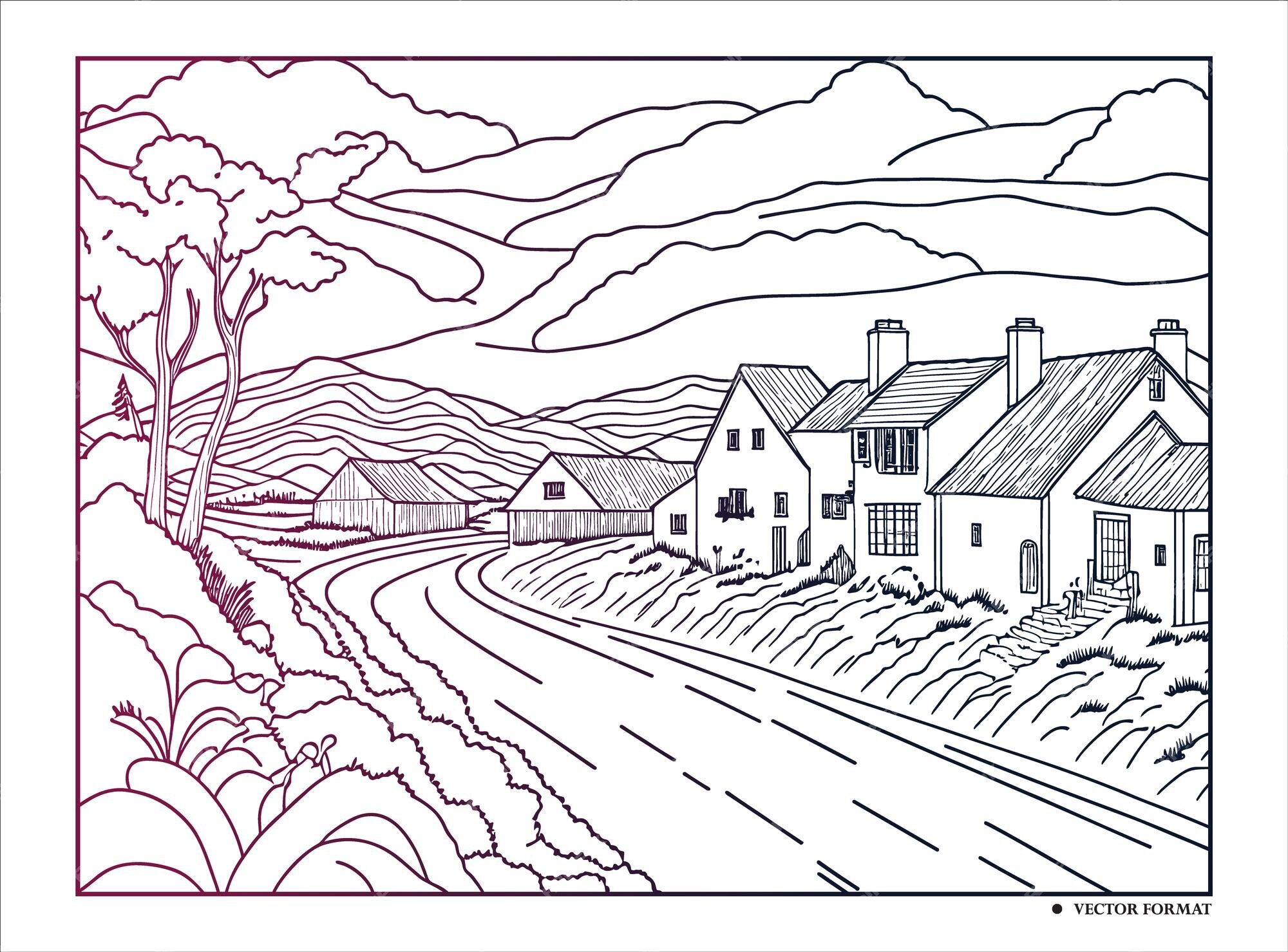 Premium vector vector hand drawn village houses sketch and nature line art coloring page