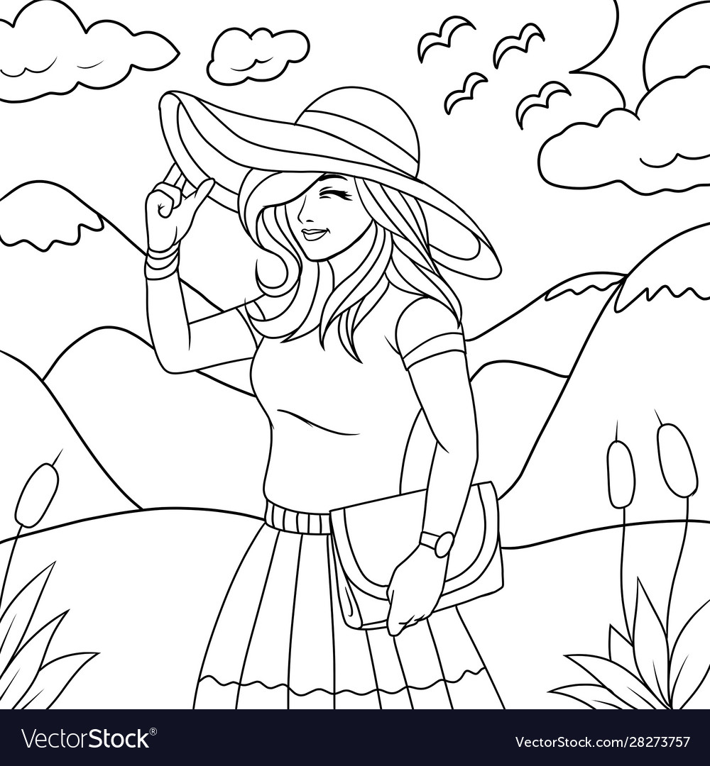 Beautiful girl in nature coloring book royalty free vector