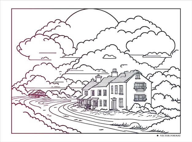Premium vector vector hand drawn village houses sketch and nature line art coloring page
