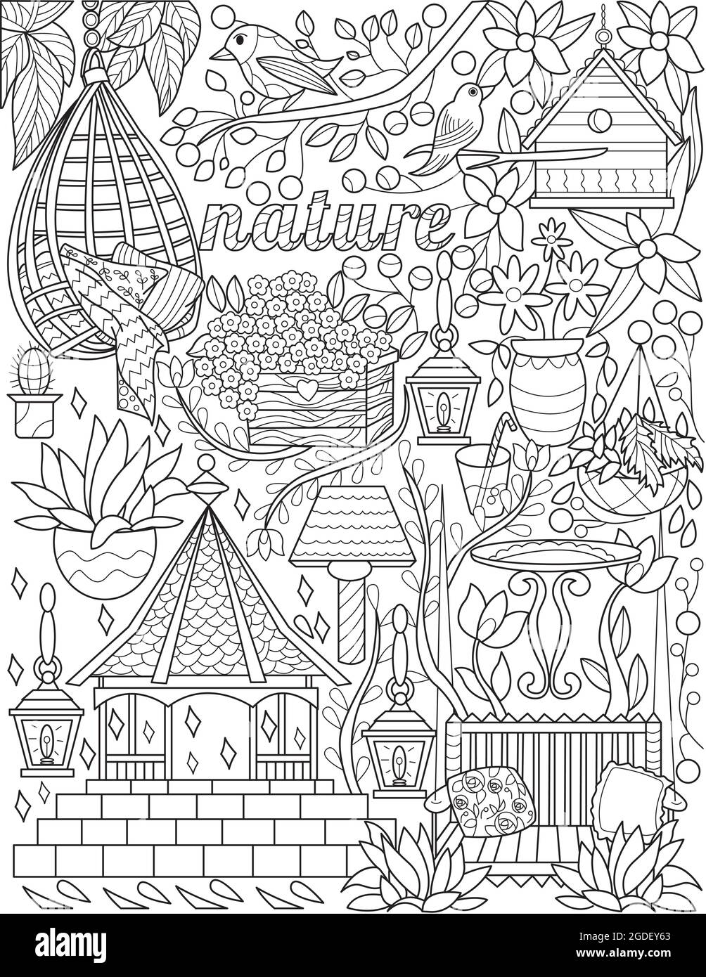 Outdoor furnitures gazebo hanging chair doodle colorless line drawing nature doodling birds leaves flowers garden chairs pavilion coloring book page stock vector image art