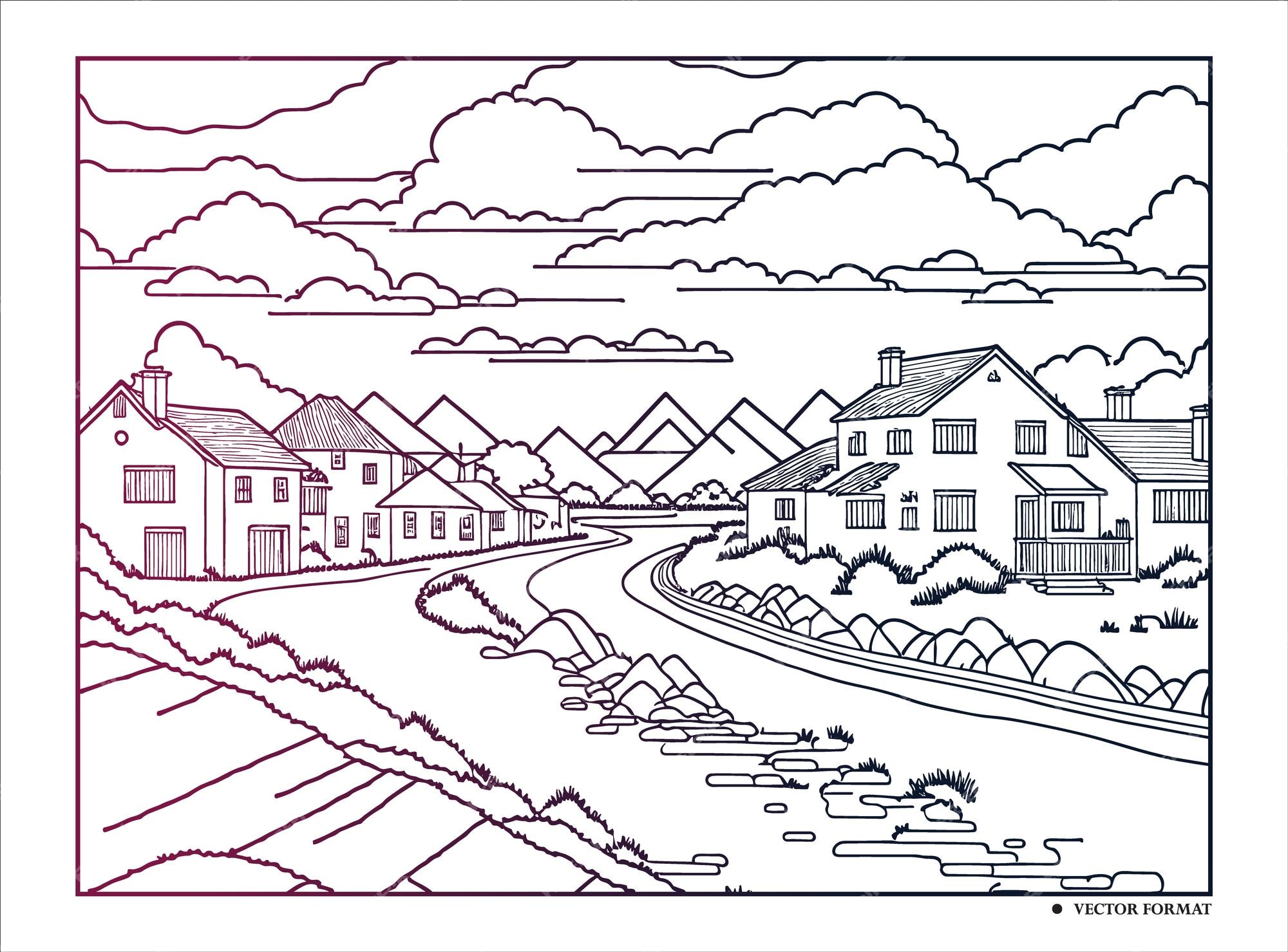 Premium vector vector hand drawn village houses sketch and nature line art coloring page