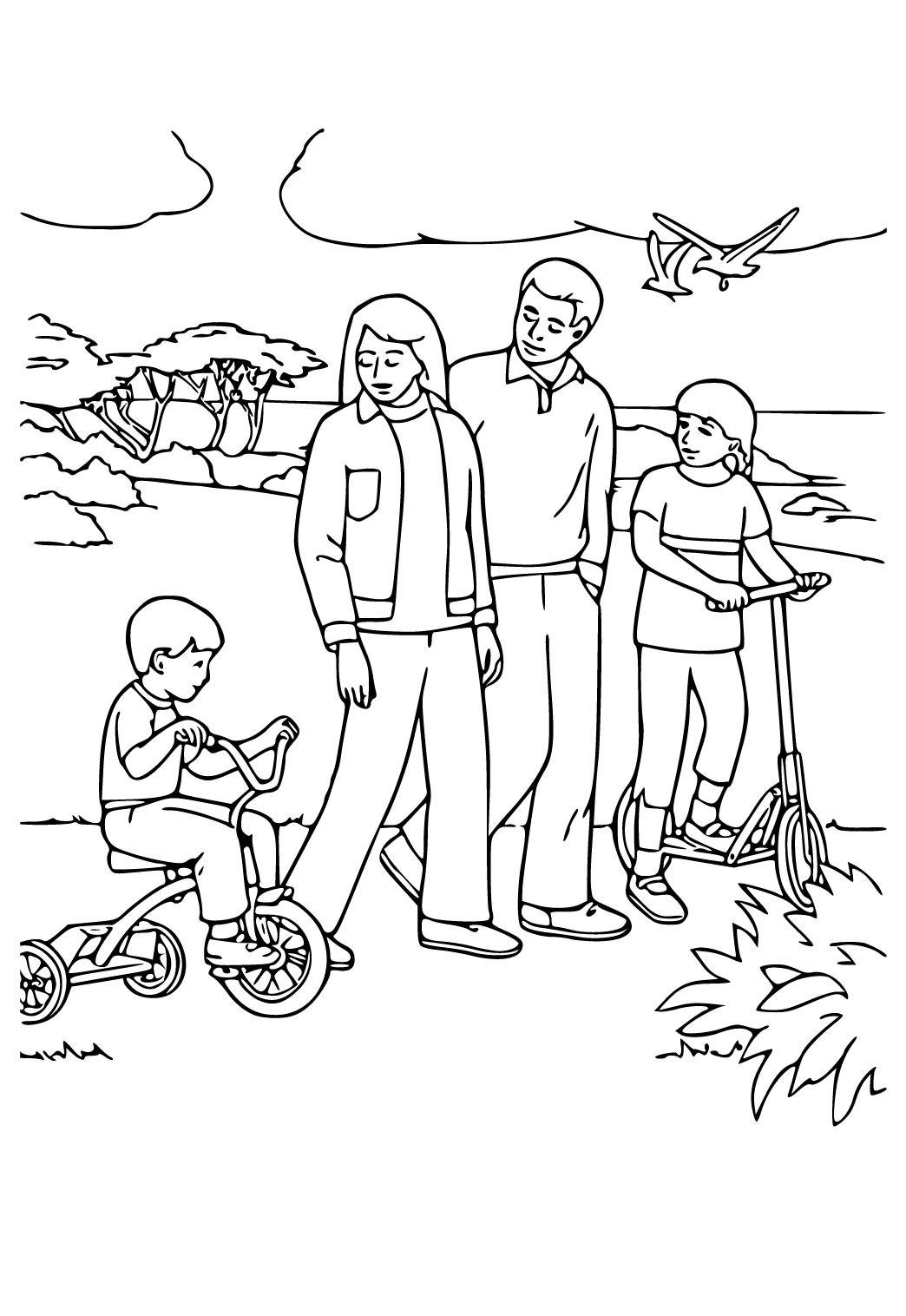 Free printable family nature coloring page for adults and kids