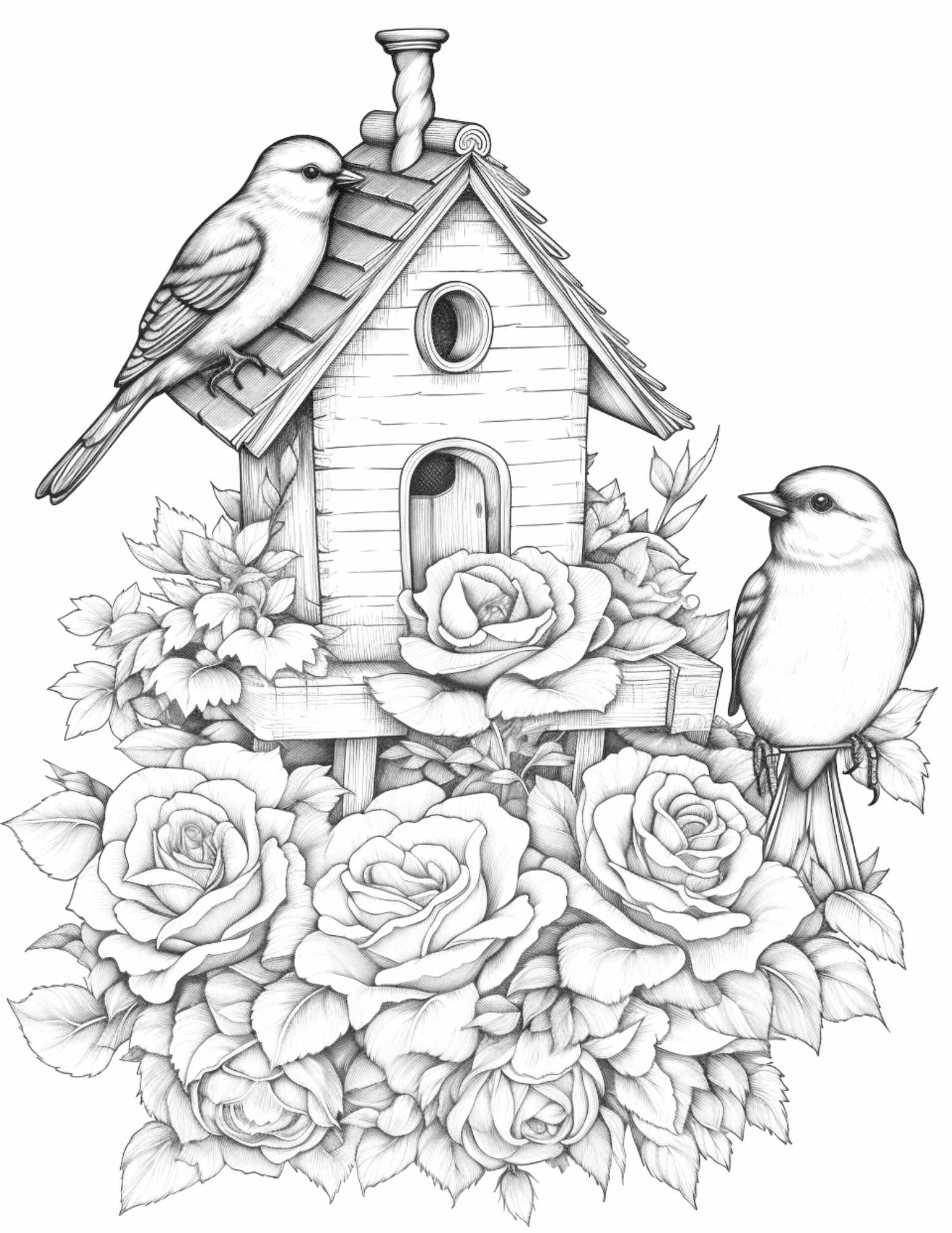 Free flower bird house grayscale coloring pages printable for adults â coloring