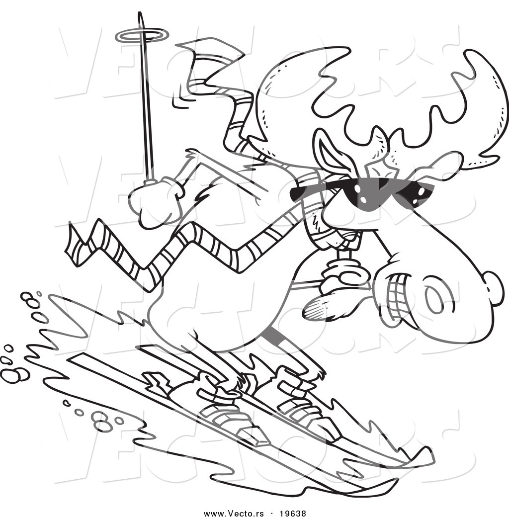 R of a cartoon moose skiing downhill