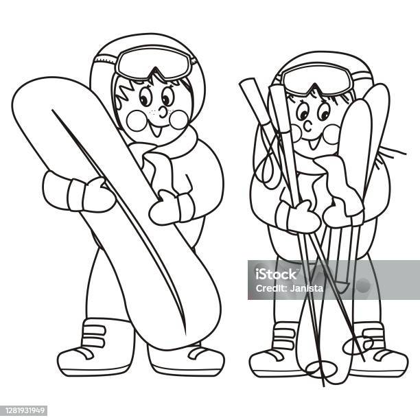 Little kids with snowboard and ski coloring book eps stock illustration
