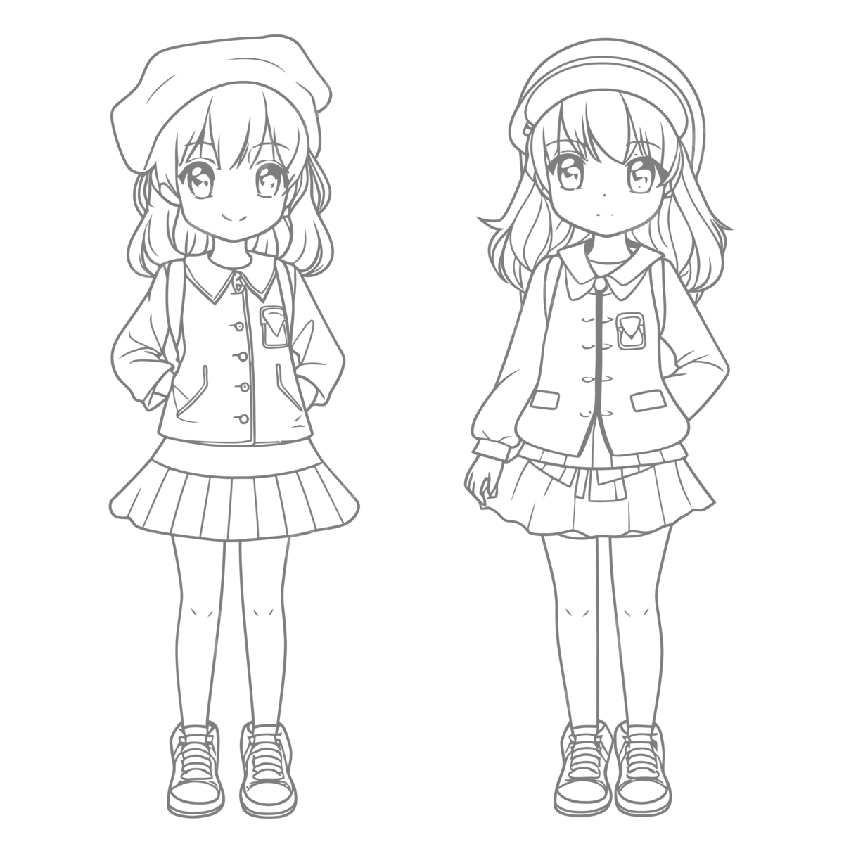 Two anime girls in a uniform and skirt coloring page outline sketch drawing vector anime drawing wing drawing girl drawing png and vector with transparent background for free download