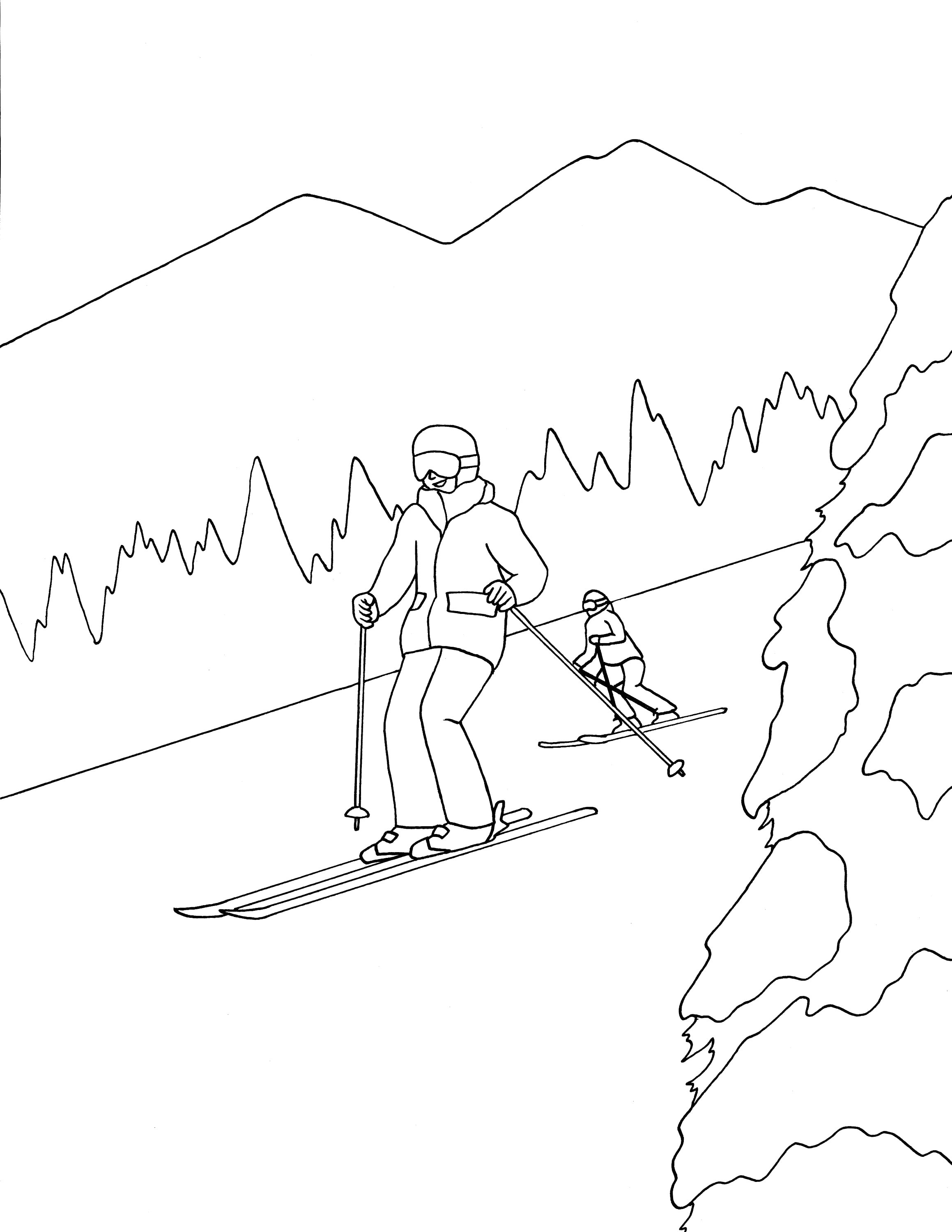 Skiing childrens coloring page skiing coloring pages coloring pages for kids digital download snowy mountain coloring page coloring