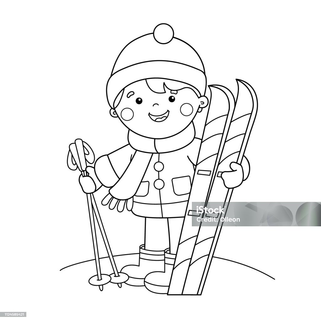 Coloring page outline of cartoon boy with skis winter sports coloring book for kids stock illustration