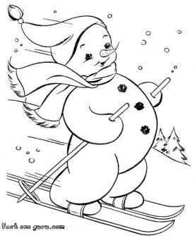 Print out snowman on skis coloring page