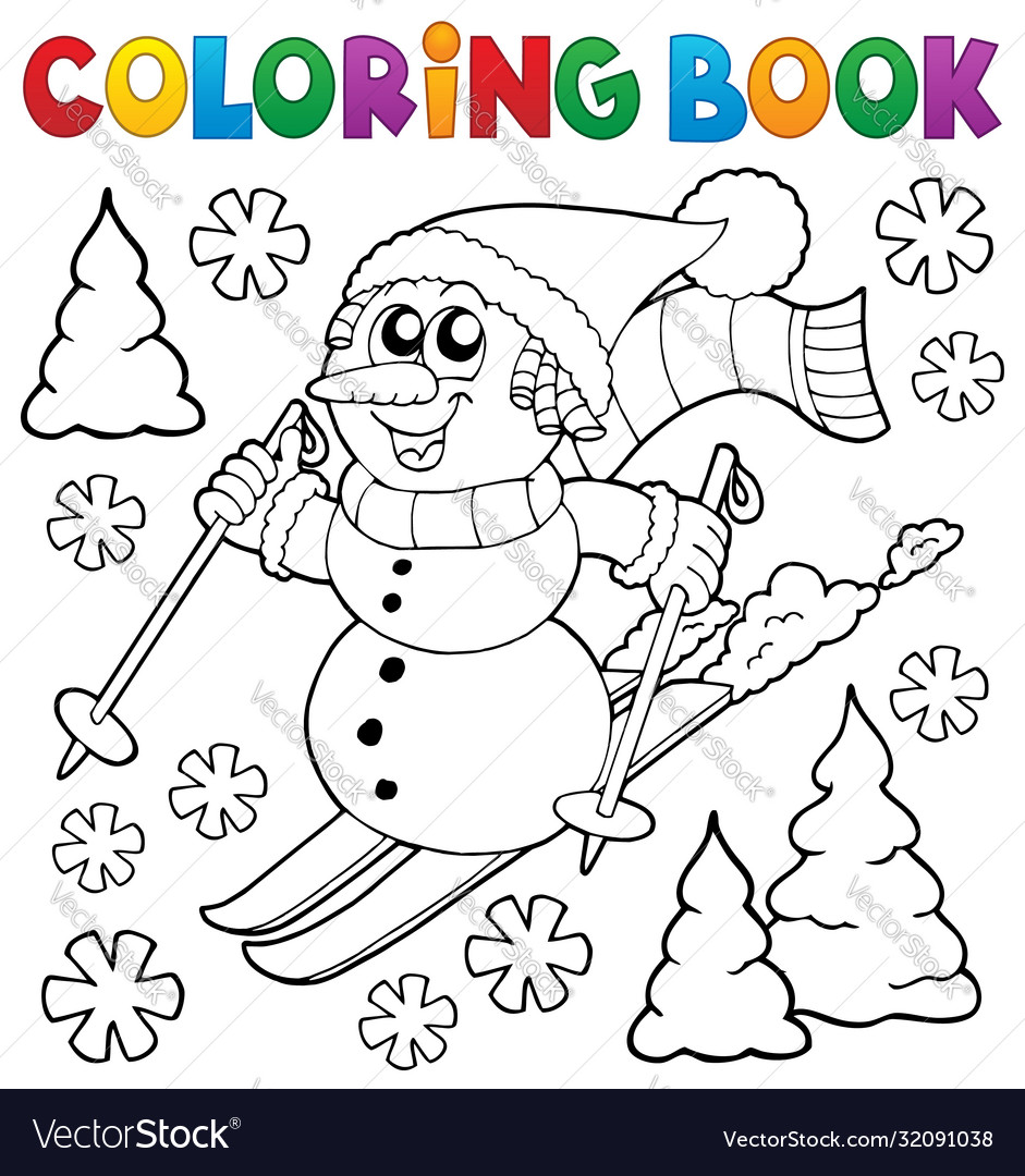 Coloring book skiing snowman theme royalty free vector