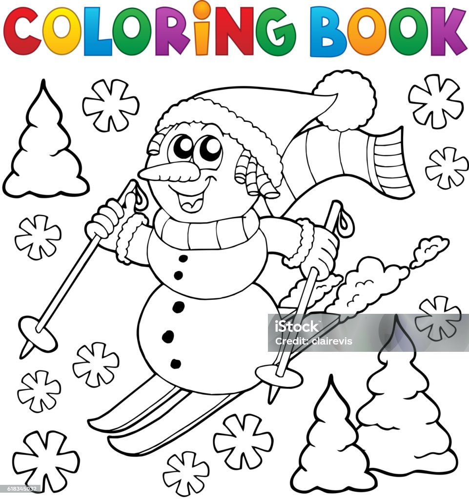 Coloring book skiing snowman theme stock illustration
