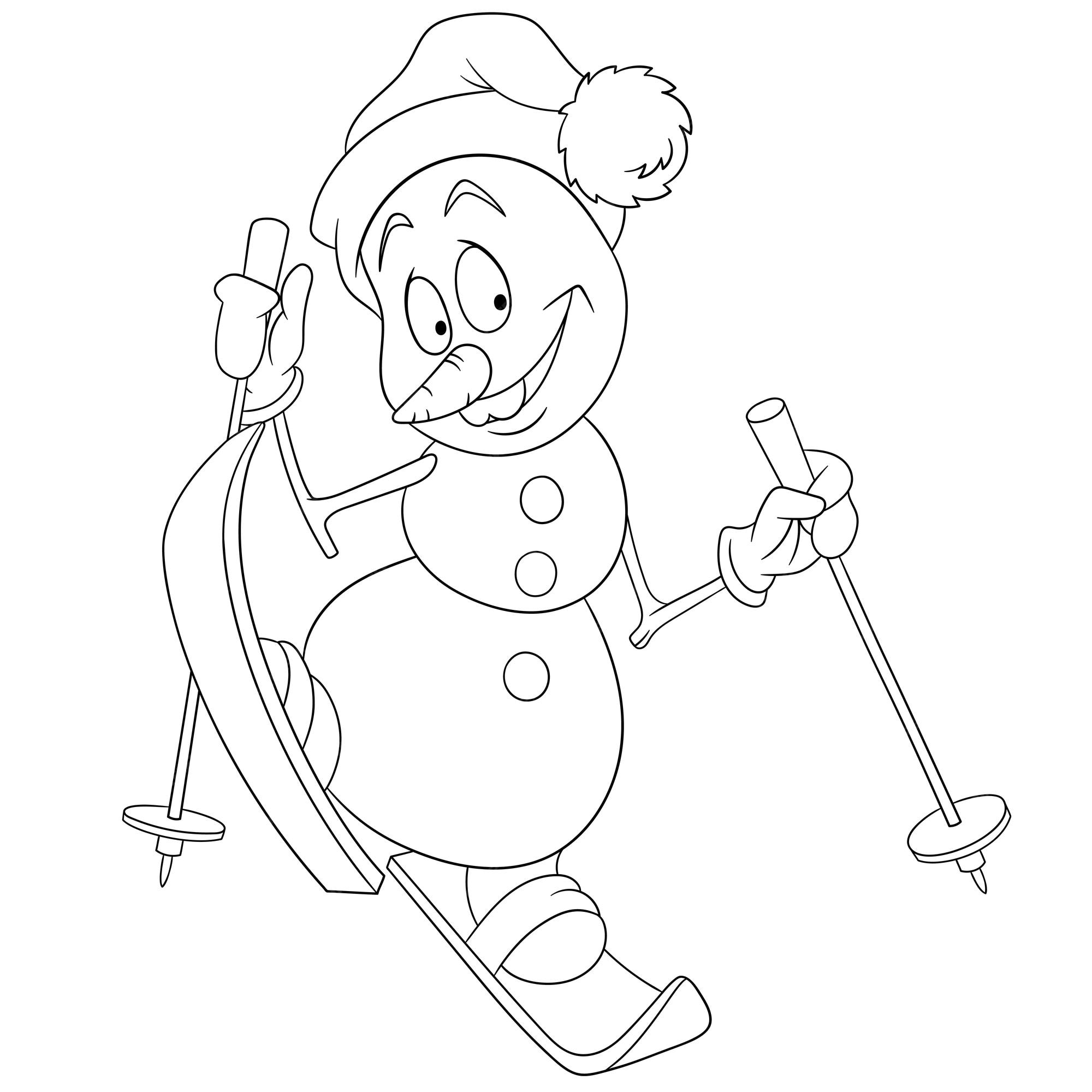 Premium vector cute happy snowman skiing cartoon coloring book page for kids