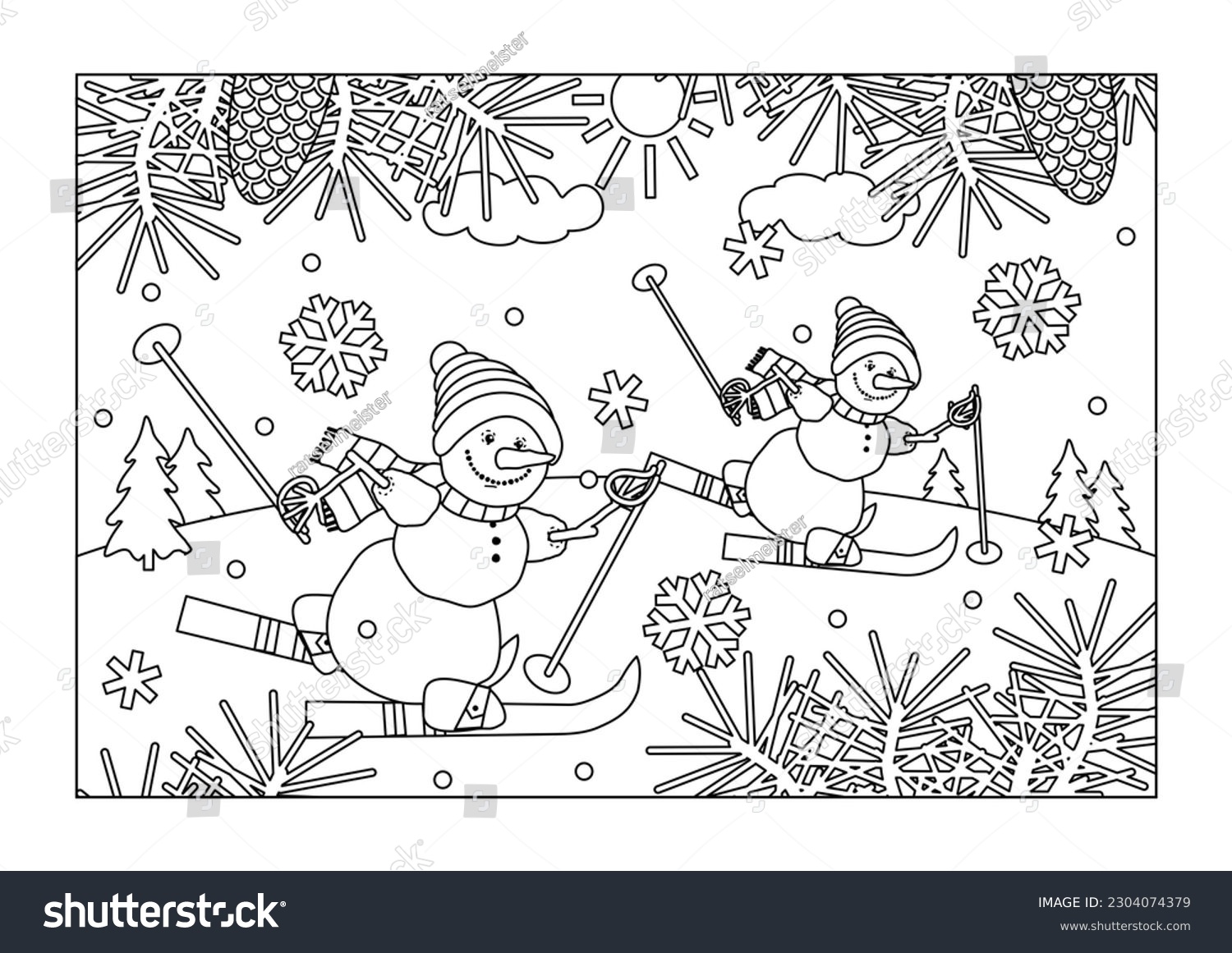 Coloring page winter sports snowmen skiing stock illustration