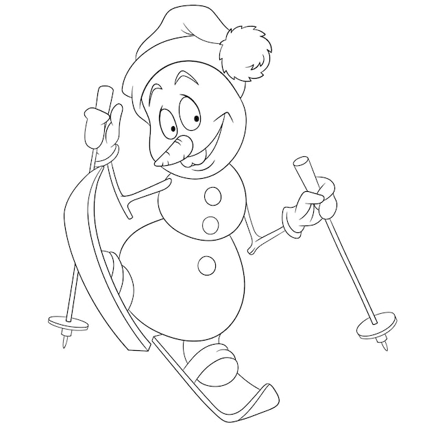 Premium vector cute happy snowman skiing cartoon coloring book page for kids
