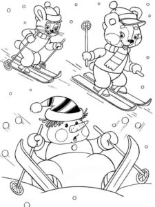 Snowman doing skiing coloring page