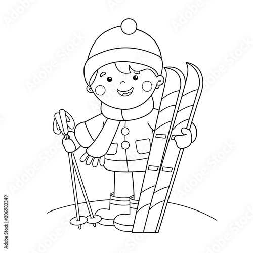 Coloring page outline of cartoon boy with skis winter sports coloring book for kids vector