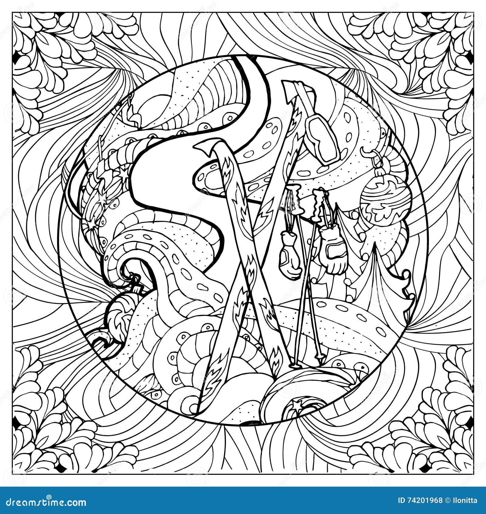 Black vector mono color illustration for ski winter sport print design stock vector