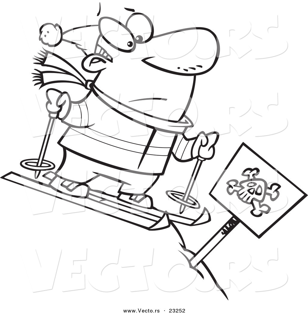 R of a cartoon guy skiing down a dangerous slope