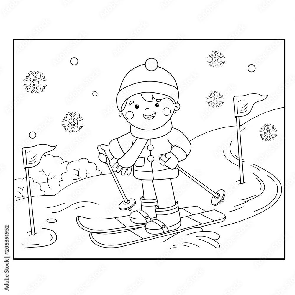 Coloring page outline of cartoon boy skiing winter sports coloring book for kids vector