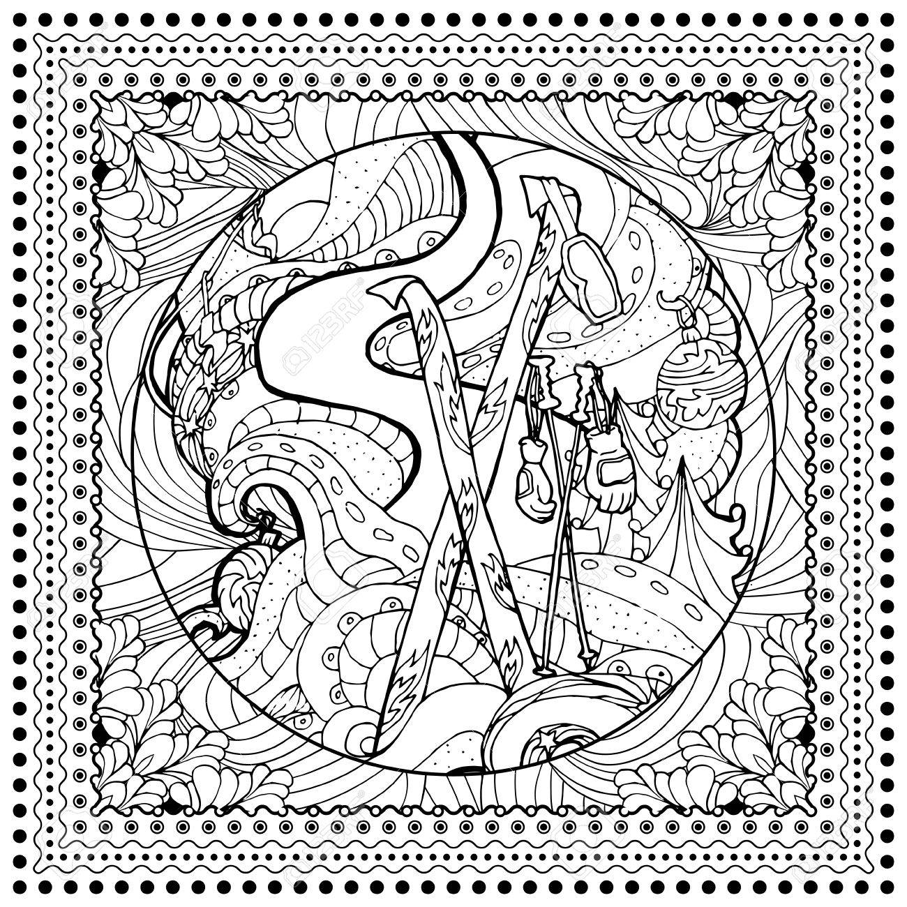 Black vector mono color illustration for ski winter sport print design coloring book page design for adults or kids vector templateornamental border and frame royalty free svg cliparts vectors and stock illustration