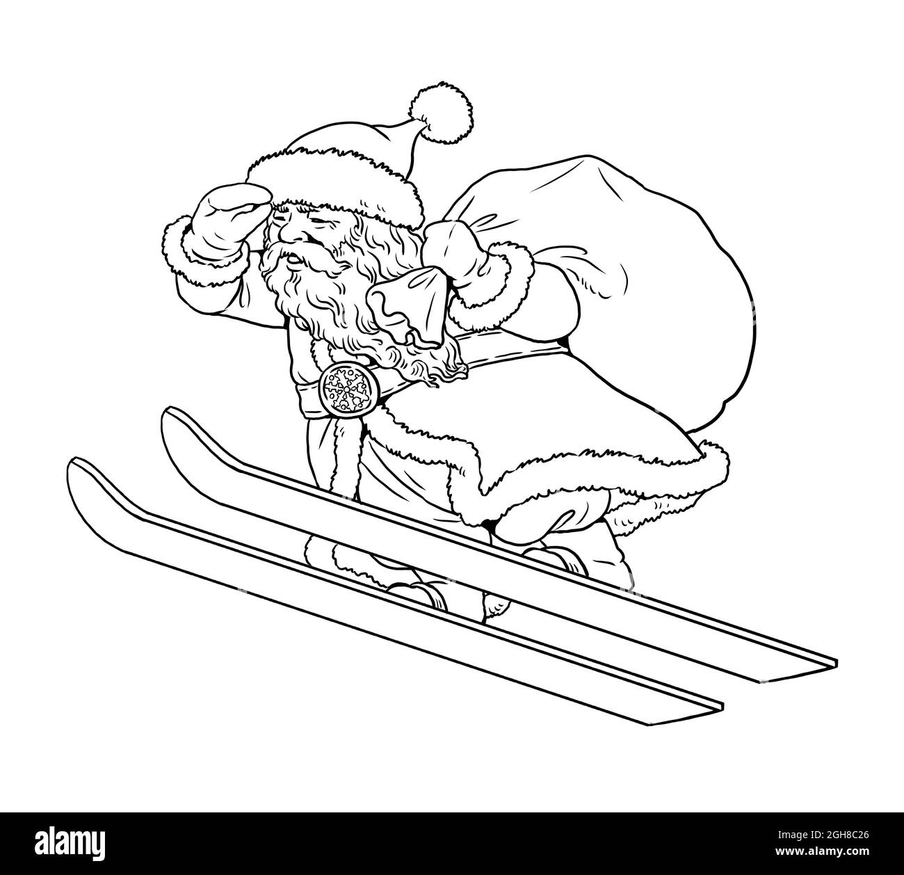Funny santa claus with gifts on ski happy new year christmas template for coloring stock photo