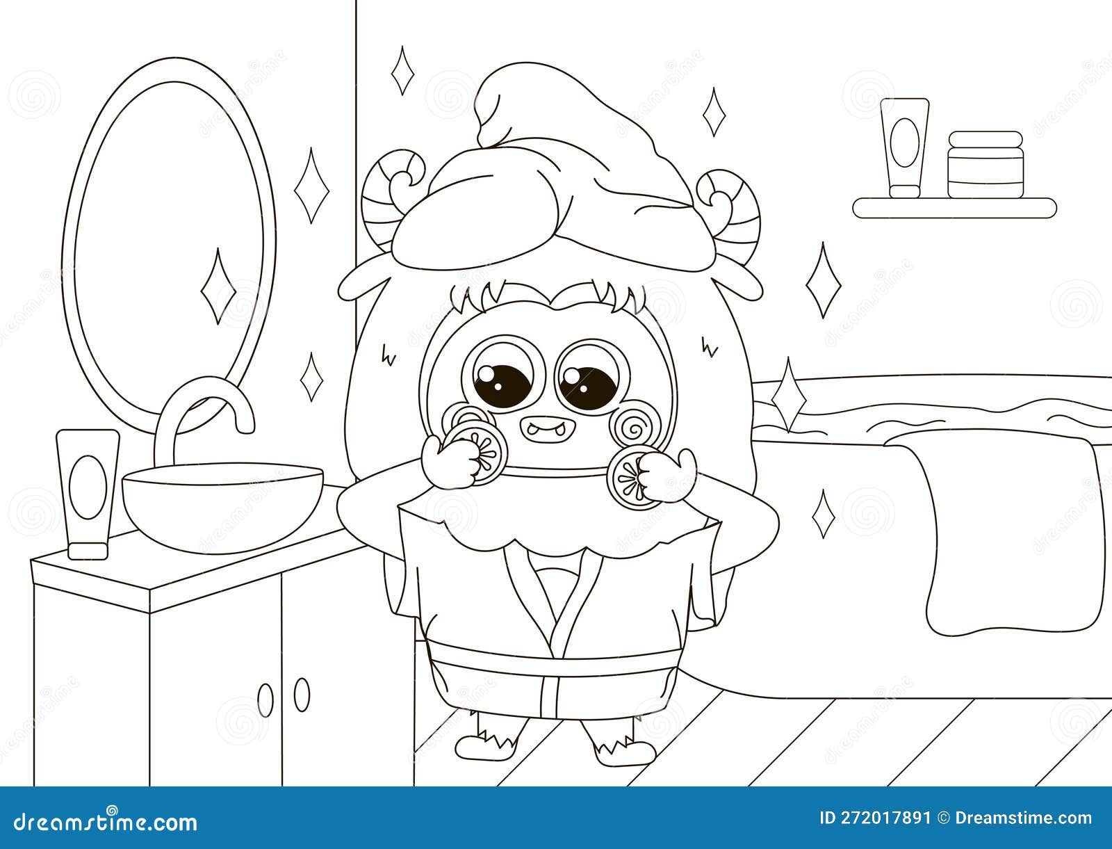 Funny coloring page with cute yeti character skin care by using face mask stock vector