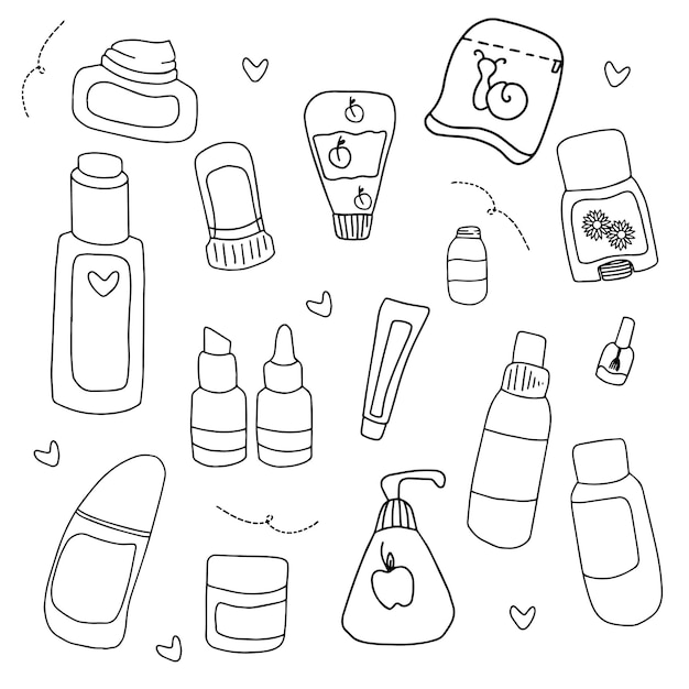 Premium vector set of different hand drawn beauty skin care products with outline style