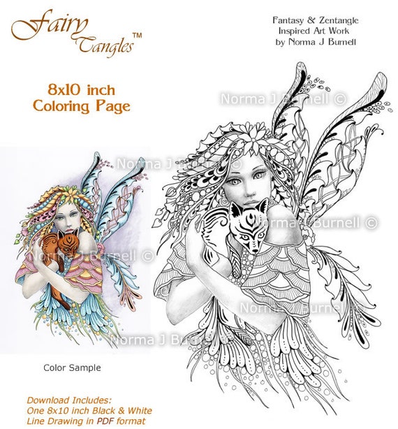 Foxie fairy tangles printable coloring sheets by norma j burnell grayscale fairy fox gray scale images adult coloring digital coloring