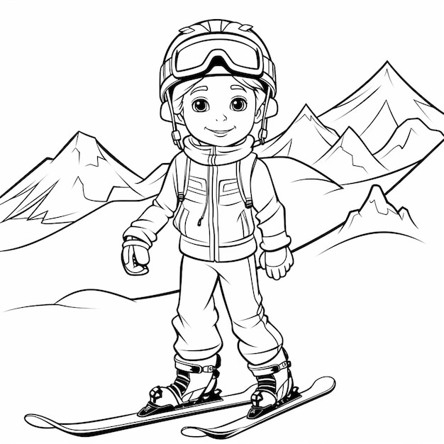 Premium ai image alpine skiing kids drawing cute coloring book kawaii line art