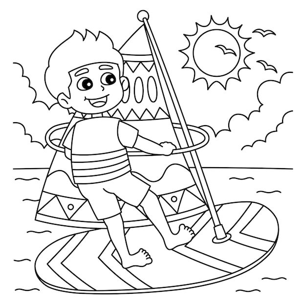 Premium vector a cute and funny coloring page of a boy windsurfing provides hours of coloring fun for children color this page is very easy suitable for little kids and toddlers
