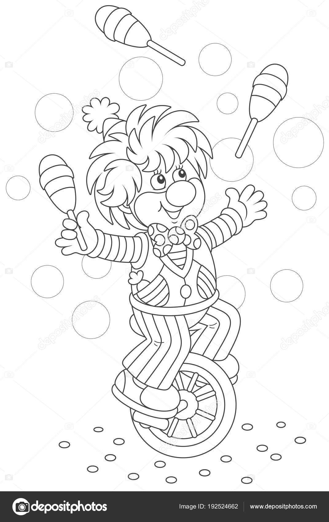 Circus show funny clown juggling skittles riding his unicycle black stock vector by alexbannykh