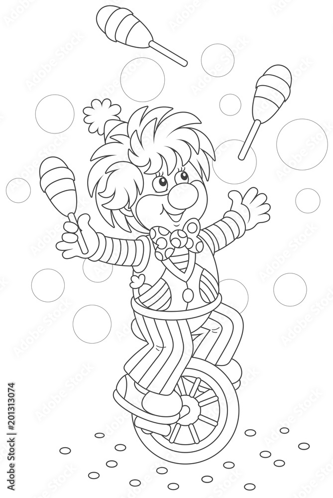 Circus show of a funny clown juggling with skittles and riding his unicycle black and white vector illustration in a cartoon style for a coloring book vector